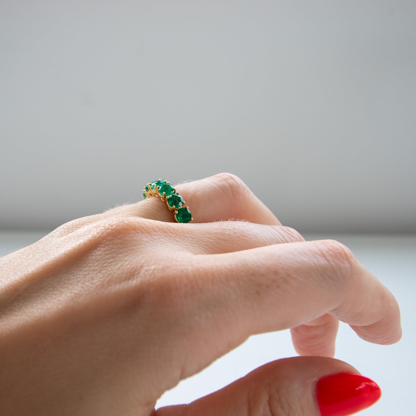 Green emerald eternity ring, round emerald eternity band, emerald ring, emerald jewellery, emerald jewelry, natural emerald ring, 2 carat emerald band, zambian emerald, vivid green emerald
