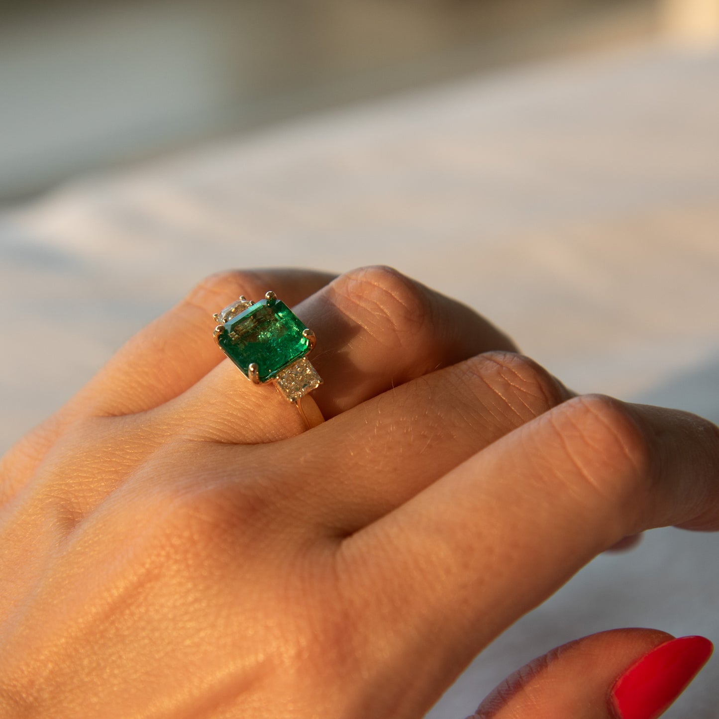 4.58ct Green emerald and fancy yellow diamond ring set in 18k yellow gold. Beautiful Zambian emerald and yellow diamond cocktail ring by Valentina Fine Jewellery Hong Kong USA Australia Dubai UK