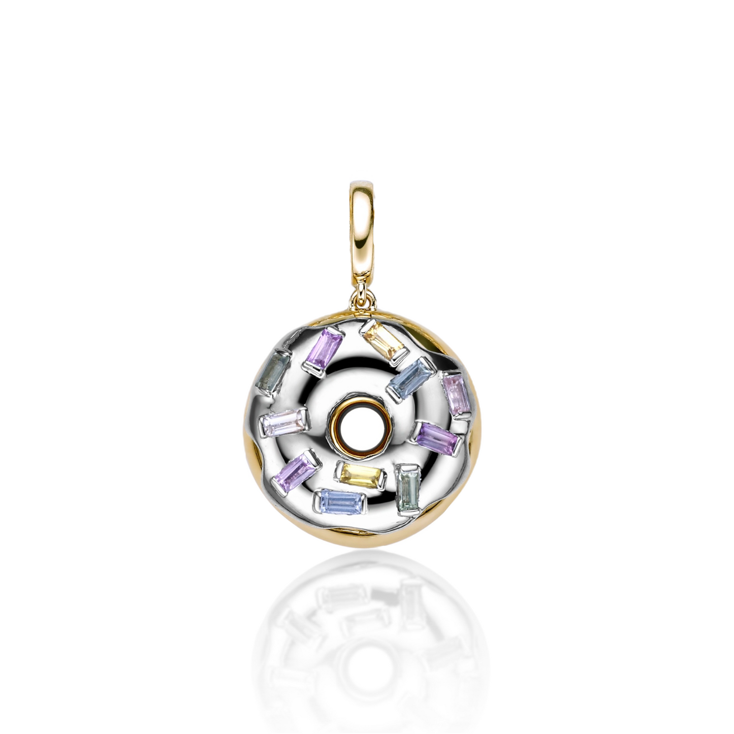 18k gold and platinum donut pendant with no heat rainbow pastel sapphires by Valentina Fine Jewellery Hong Kong, free global delivery including USA. Doughnut or donut, the choice is yours.
