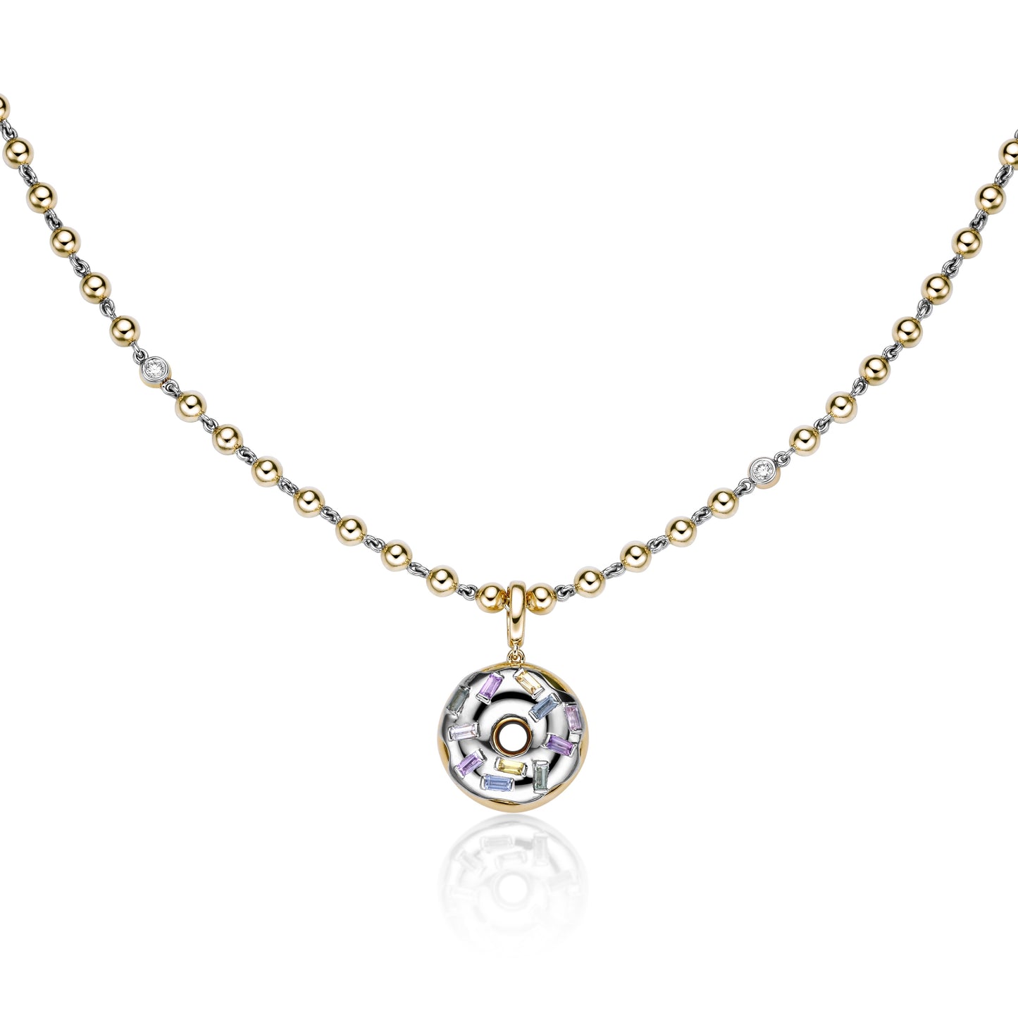 18k gold and platinum donut pendant with no heat rainbow pastel sapphires by Valentina Fine Jewellery Hong Kong, free global delivery including USA. Yummy doughnut charm