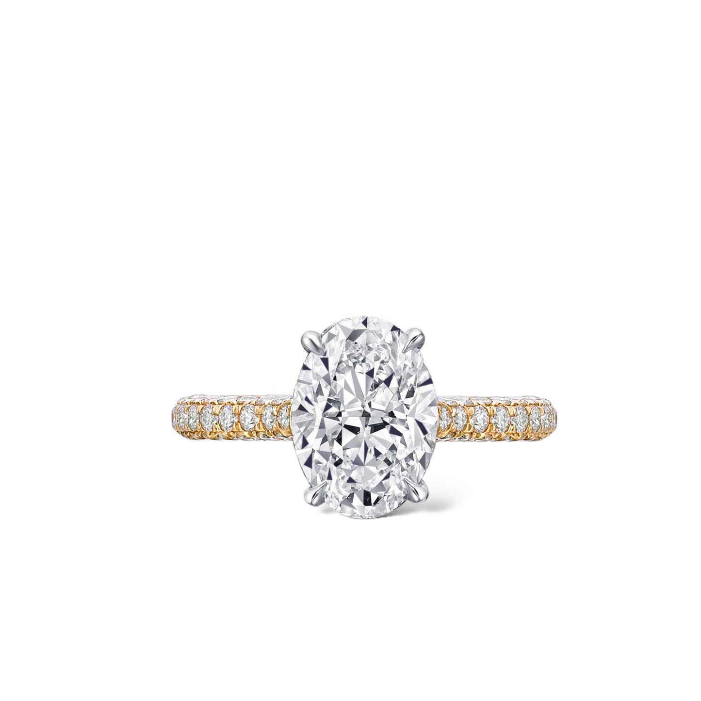 Oval diamond micropave three row ring with hidden halo Hong Kong Australia USA. Micropave diamond engagement ring in 18K gold or platinum. 1.82ct diamond engagement ring. Bespoke fine jewellery by Valentina Fine Jewellery. Two tone diamond engagement ring with platinum and yellow gold.