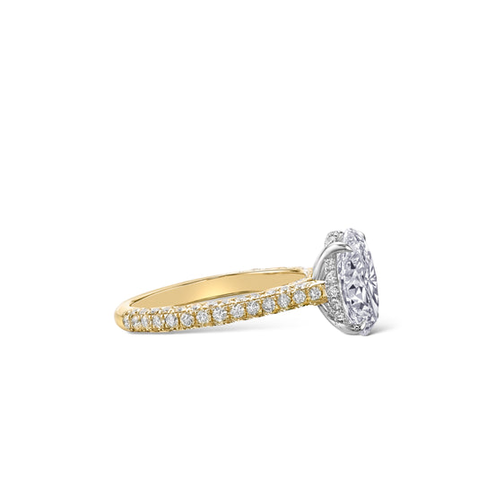 Oval diamond micropave three row ring with hidden halo Hong Kong Australia USA. Micropave diamond engagement ring in 18K gold or platinum. 1.82ct diamond engagement ring. Bespoke fine jewellery by Valentina Fine Jewellery