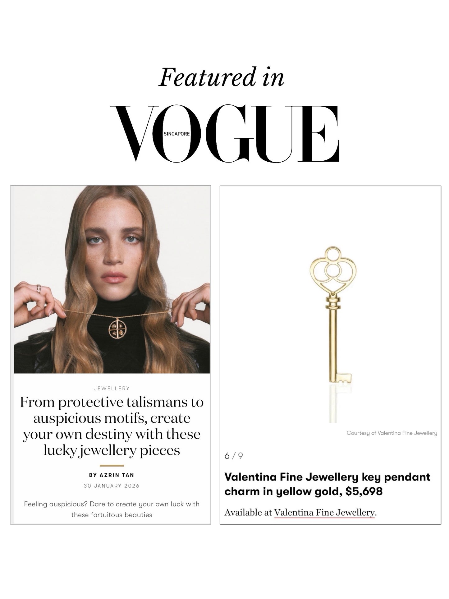 Lucky 2026 year of the fire horse jewellery - Vogue featured large solid 18k gold key pendant by Valentina Fine Jewellery Hong Kong. A talisman to protect your peace and bring you wealth and luck in 2026.
