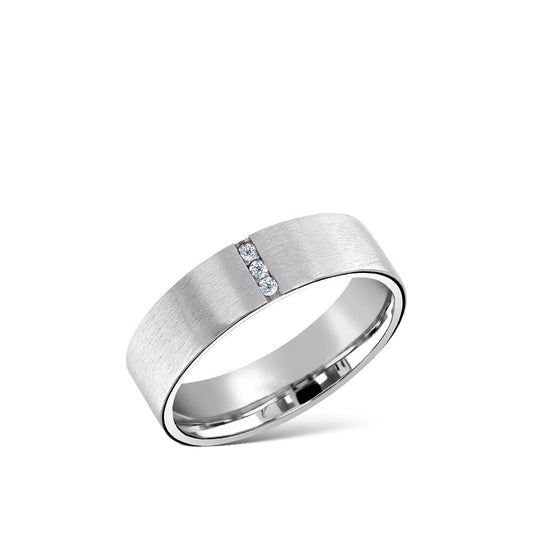 Men's brushed platinum wedding ring with 3 diamonds. Channel set diamond men's wedding band. Valentina Fine Jewellery USA Hong Kong UK