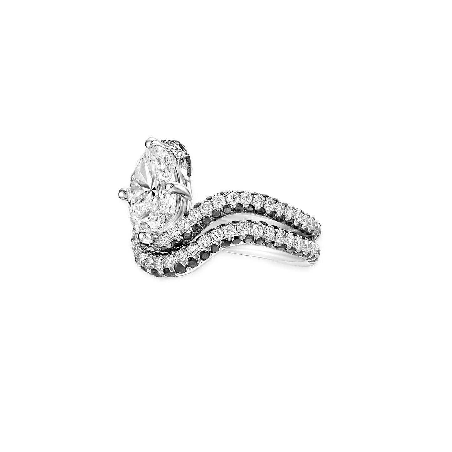 Modern edgy and cool oval cut curved engagement ring with black diamonds and a matching curved wedding ring by Valentina Fine Jewellery Hong Kong USA