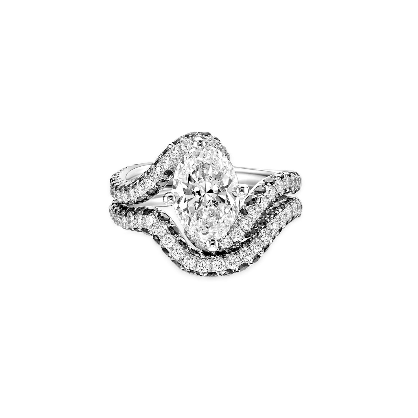 Modern edgy and cool oval cut curved engagement ring with black diamonds and a matching curved wedding ring by Valentina Fine Jewellery Hong Kong USA Australia Singapore Dubai