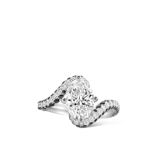 Modern edgy and cool oval cut curved engagement ring with black diamonds and a matching curved wedding ring by Valentina Fine Jewellery Hong Kong USA. Trendy black diamond bespoke engagement ring