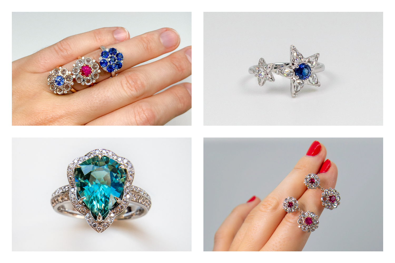 Antique style diamond sapphire and ruby cluster rings and earrings, open star ring and vintage inspired rings in 18k gold by Valentina Fine Jewellery. Global free shipping including USA, UK, Taiwan, Dubai, Singapore and Australia.