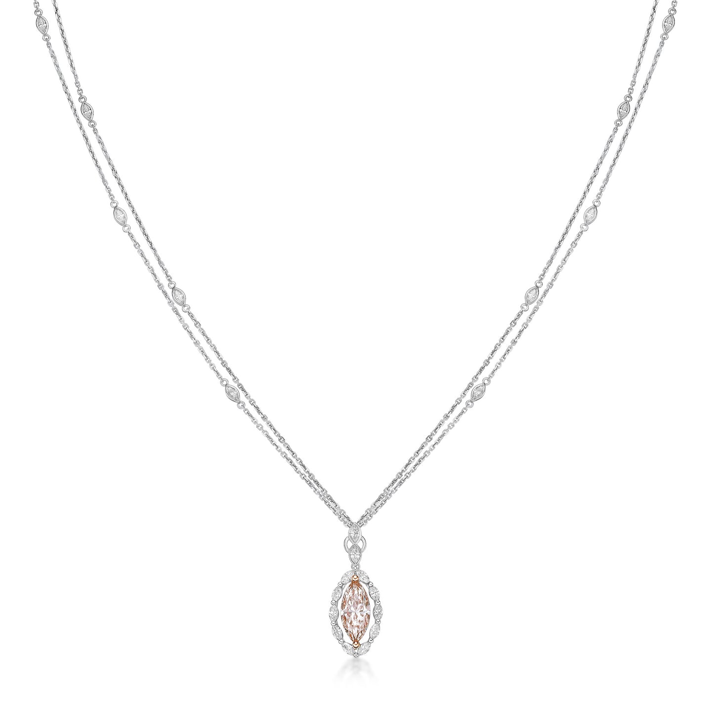 Marquise diamond double chain necklace in 18k with gold by Valentina Fine Jewellery Hong Kong. Global free shipping including USA, UK, Australia and New Zealand.