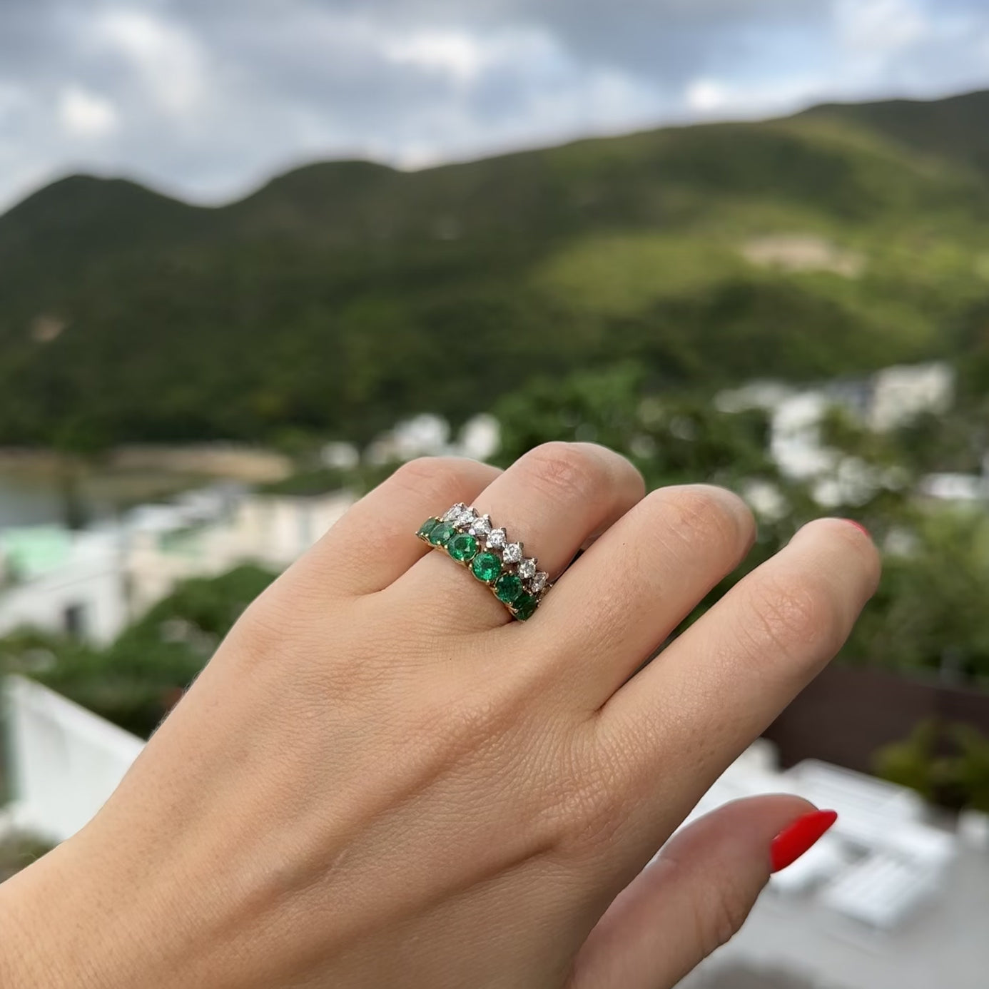 Green emerald eternity ring, round emerald eternity band, emerald ring, emerald jewellery, emerald jewelry, natural emerald ring, 2 carat emerald band, zambian emerald, vivid green emerald 