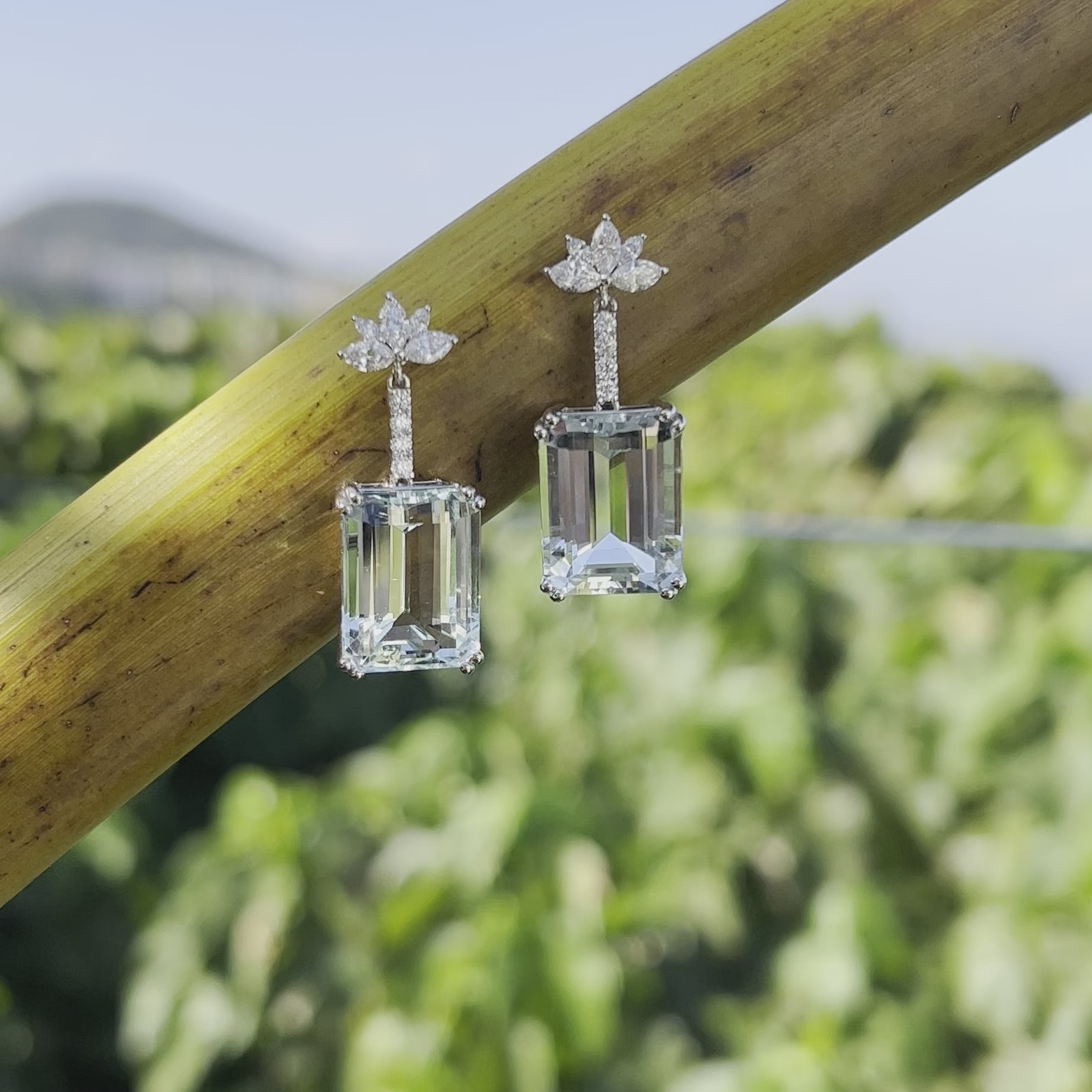 Emerald cut aquamarine and diamond drop earrings, two way earrings, marquise diamond studs in 18k gold by Valentina Fine Jewellery Hong Kong. Global free shipping including USA, Dubai, Singapore, Australia and UK