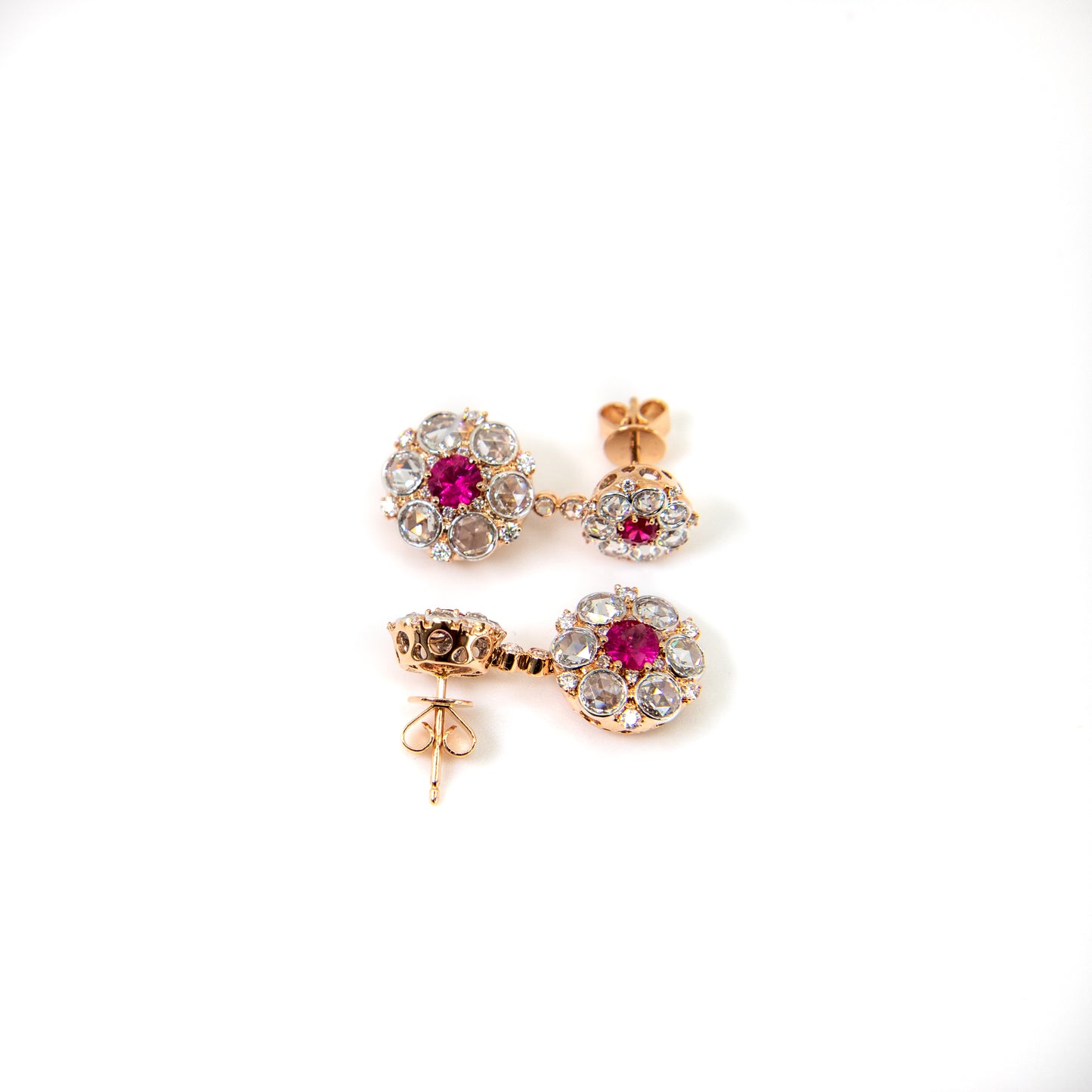 Ruby and rose cut diamond cluster drop earrings in rose gold