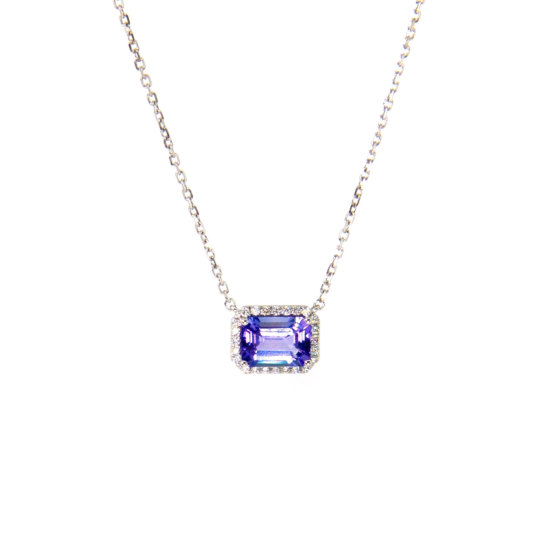 Tanzanite and diamond halo necklace by Valentina Fine Jewellery Hong Kong USA