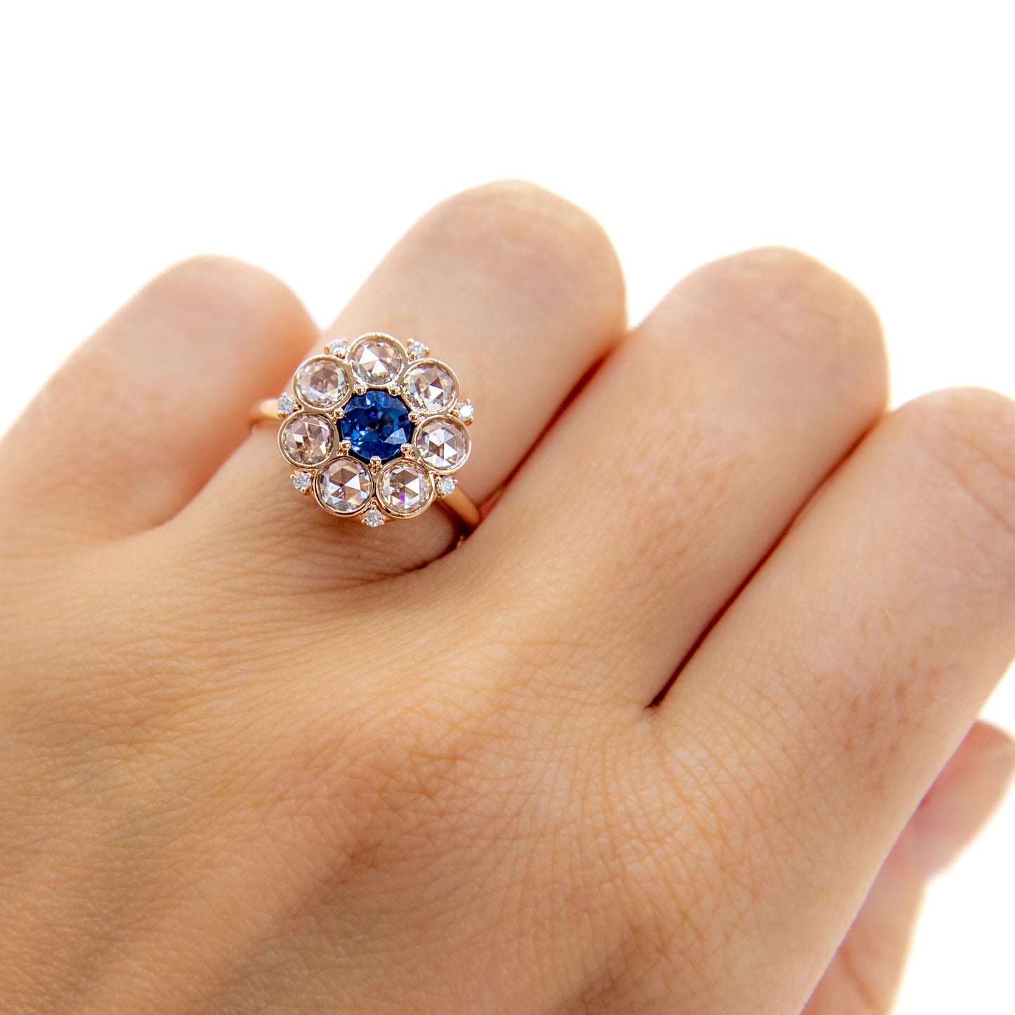 sapphire diamond cluster ring, rose cut diamonds, rose cut diamond ring, light blue sapphire ring, sapphire cluster ring, antique ring, rose cut, hong kong jewellery, ornate jewellery, cocktail ring, 