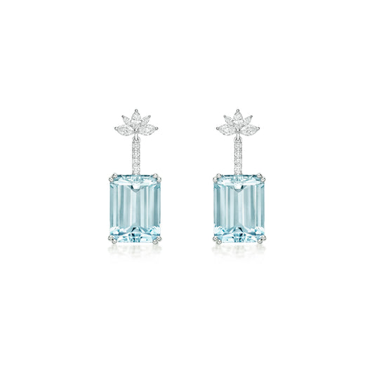 Emerald cut aquamarine and diamond drop earrings