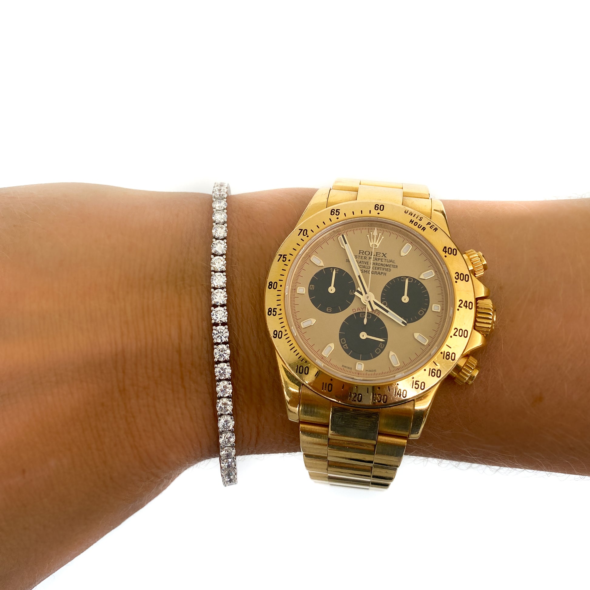 Gold Rolex Daytona and 6 ct diamond tennis bracelet, natural diamond bracelet, gold daytona, bracelet stack