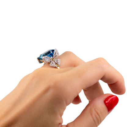 Statement topaz and diamond butterfly cocktail ring in 18k gold and platinum by Valentina Fine Jewellery Hong Kong. Global free shipping including USA, UK, Dubai, Qatar and Australia.