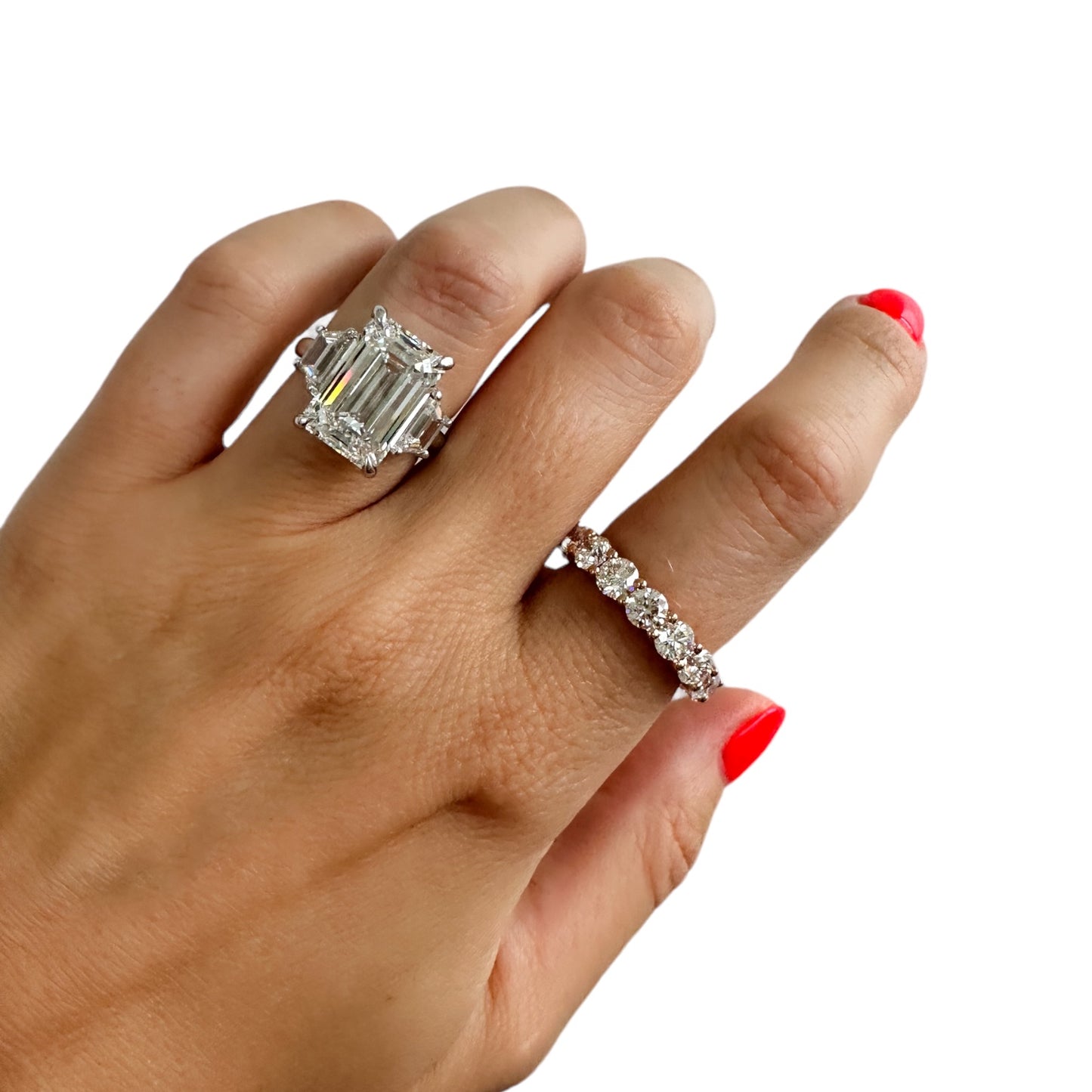 Emerald cut diamond engagement ring and 30 points diamond wedding ring