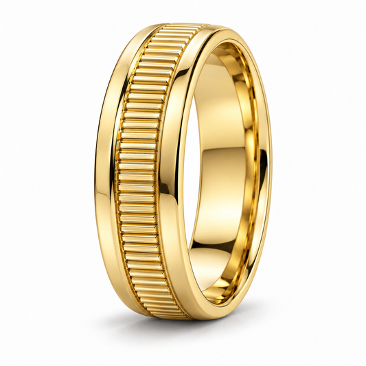 Fluted textured gold mens wedding band 18k gold by Valentina Fine Jewellery Hong Kong. Global free shipping t o USA, Australia, Singapore, Thailand and UK