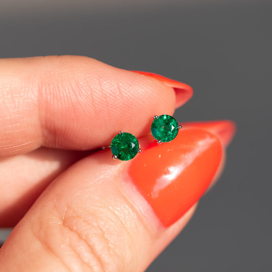 Round Emerald Studs in Platinum by Valentina Fine Jewellery Hong Kong. Complimentary worldwide delivery including USA
