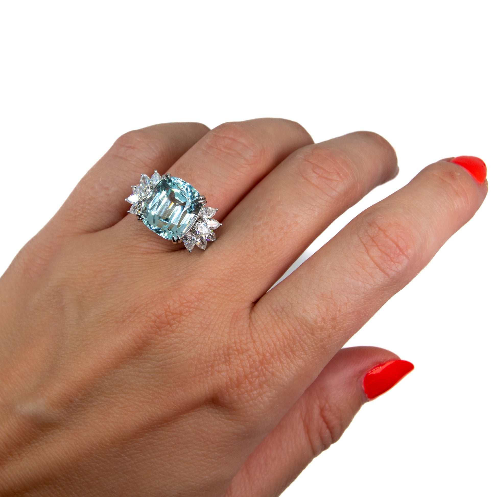 Cushion cut aquamarine and diamond ring with pear cut diamonds in 18k gold by Valentina Fine Jewellery Hong Kong. Global free shipping including USA, Dubai, Singapore, Australia and UK