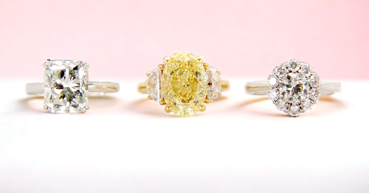Diamond enaggement rings - 5ct Radiant cut diamond ring, 5.50ct Fancy Yellow Diamond ring, old european cut diamond cluster ring
