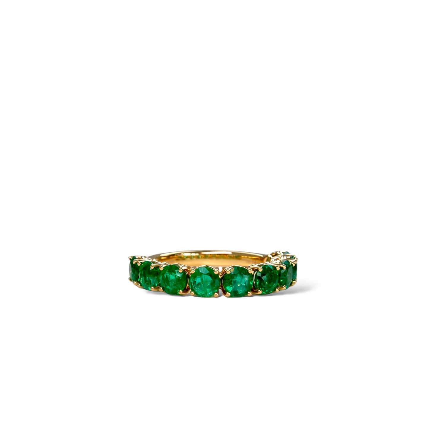 Large green emerald eternity ring, round emerald eternity band, Zambian emerald ring, emerald ring in yellow gold