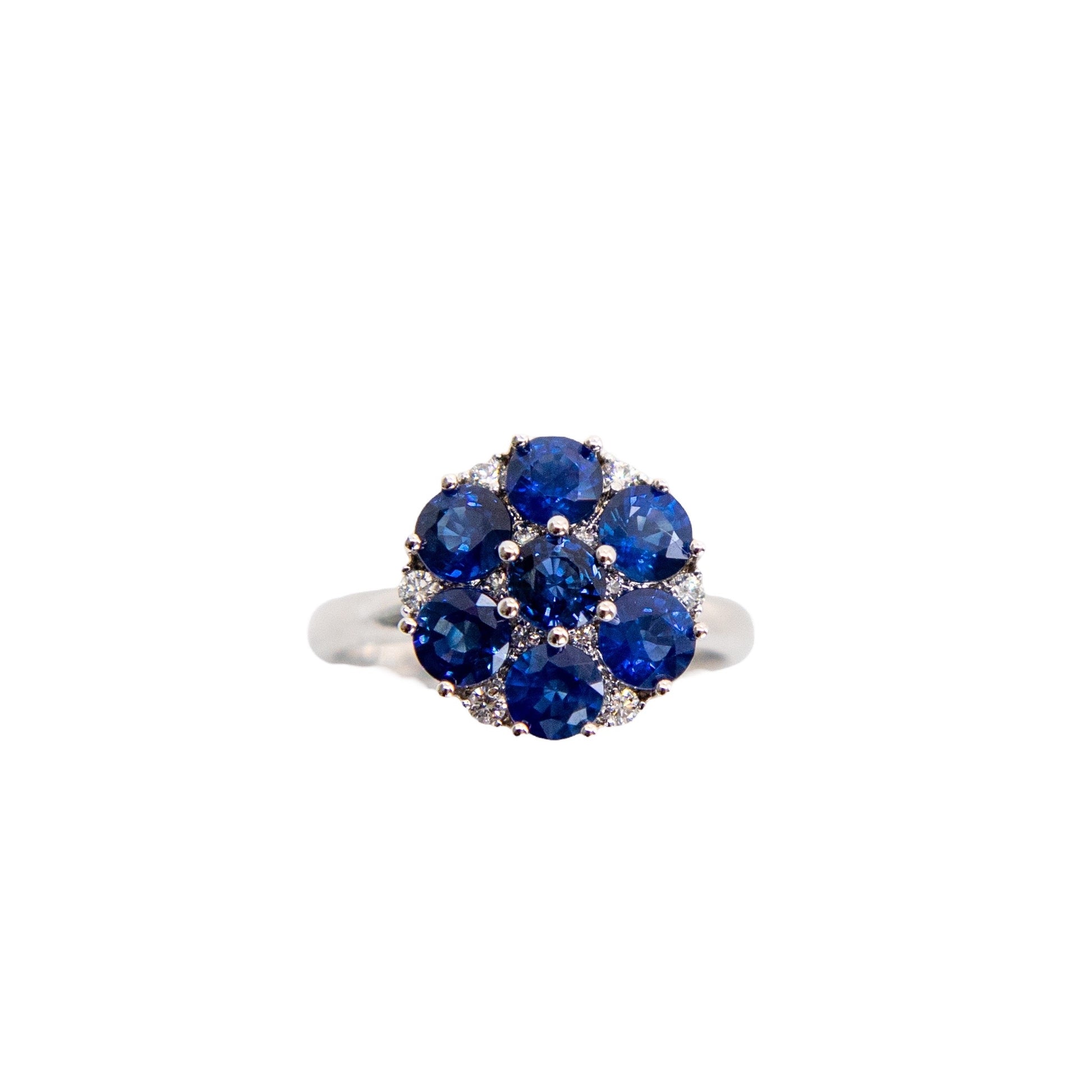 Sapphire and diamond cluster ring in 18k white gold by Valentina Fine Jewellery Hong Kong. Global free shipping to USA and the rest of the world