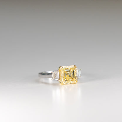 Square Emerald Cut Yellow Diamond Engagement Ring with trapezoids in platinum and 18k yellow gold by Valentina Fine Jewellery Hong Kong. Global free shipping including USA, Australia, Singapore, China and New Zealand 
