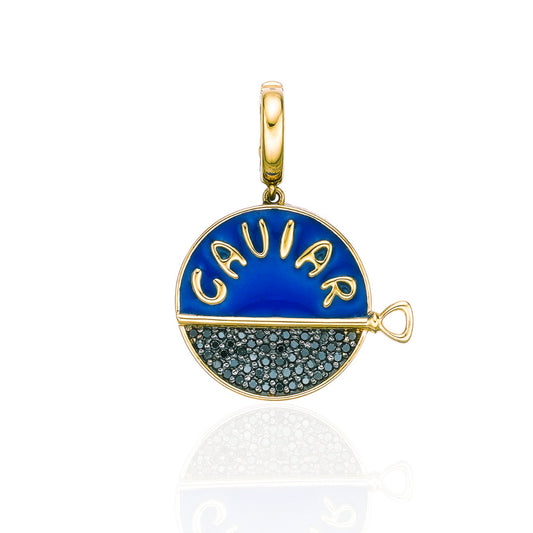 Black diamond and enamel caviar charm pendant in 18k yellow gold by Valentina Fine Jewellery Hong Kong. Global free shipping including USA, Singapore, Dubai. Australia and New Zealand.