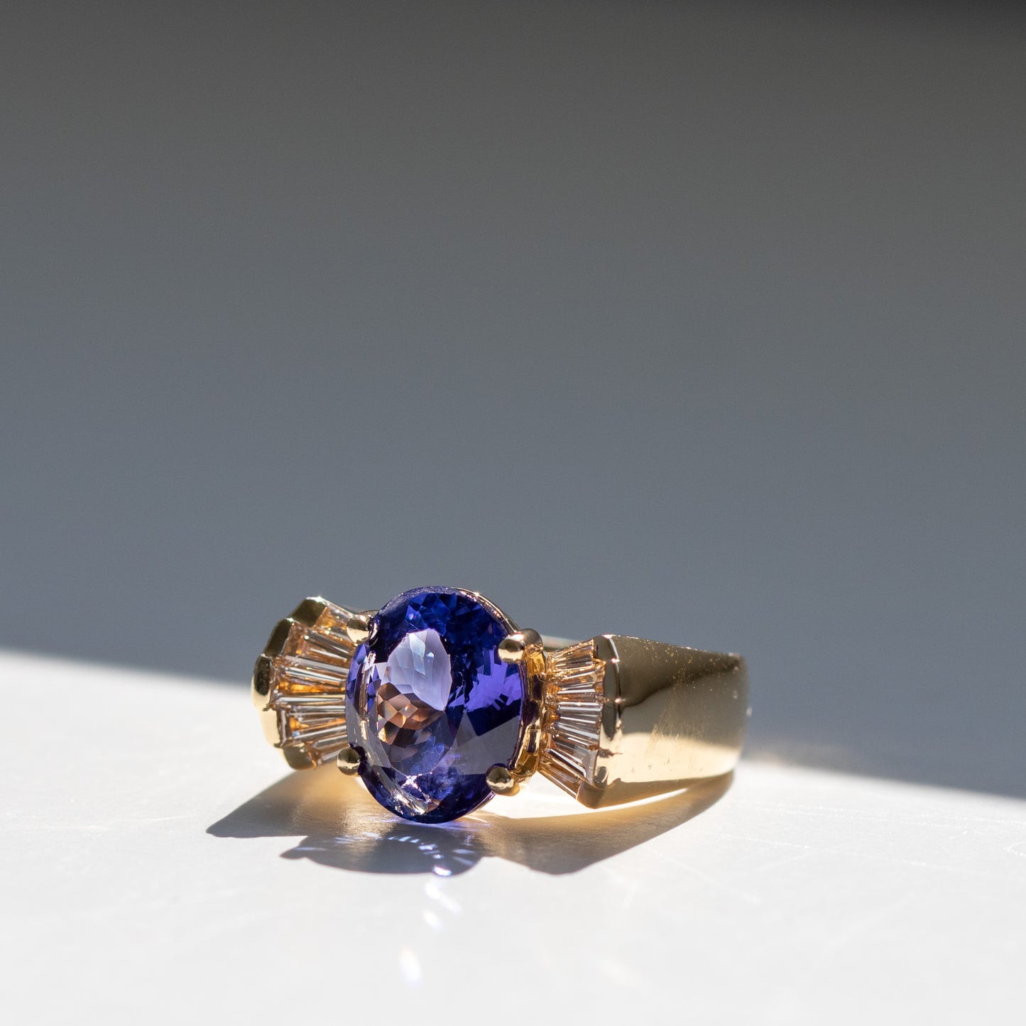Retro solid Gold Chunky 80s Style Tanzanite and Diamond Ring by Valentina Fine Jewellery Hong Kong. Global free shipping including USA, UK, Singapore, Dubai, Taiwan and Australia.
