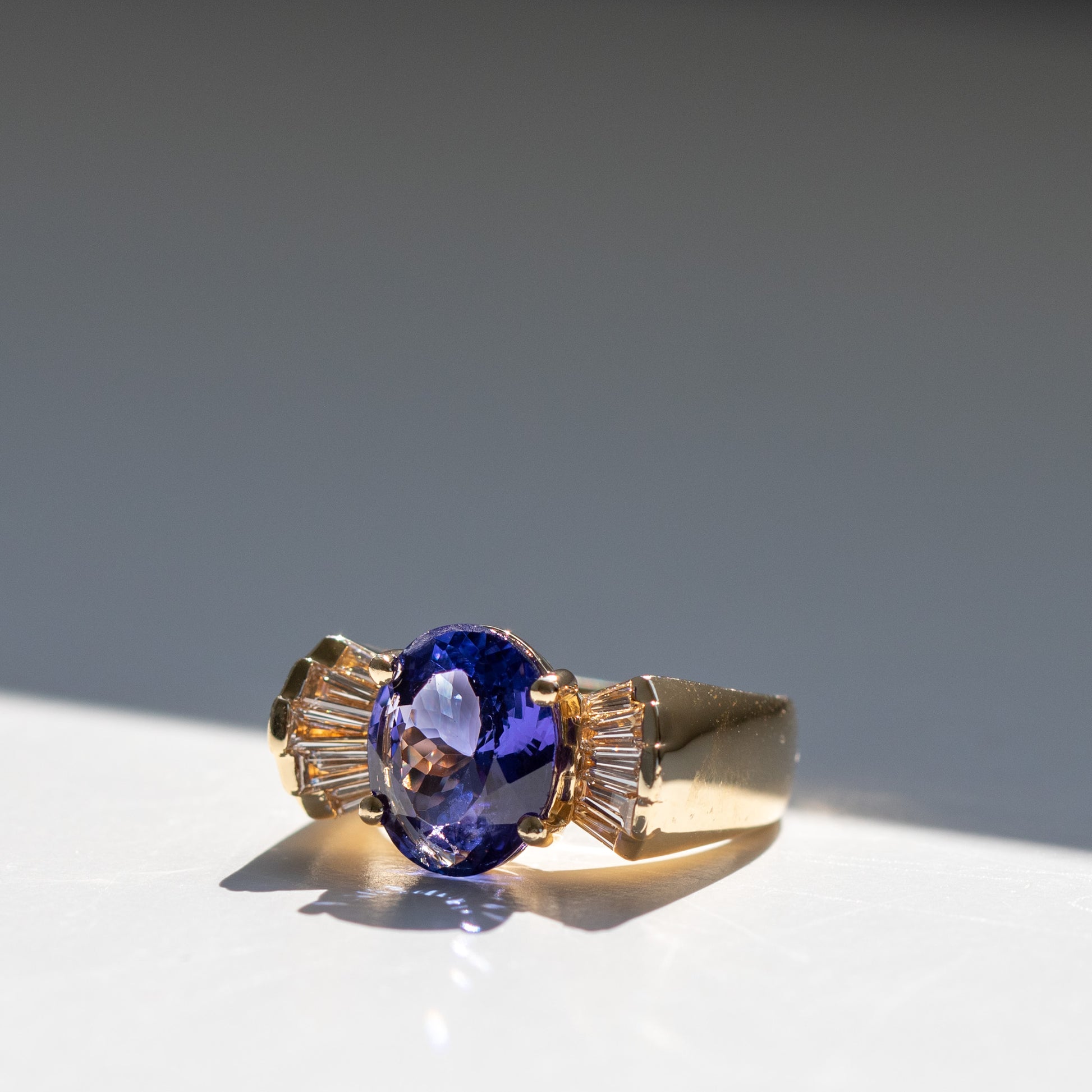 Retro solid Gold Chunky 80s Style Tanzanite and Diamond Ring by Valentina Fine Jewellery Hong Kong. Global free shipping including USA, UK, Singapore, Dubai, Taiwan and Australia.