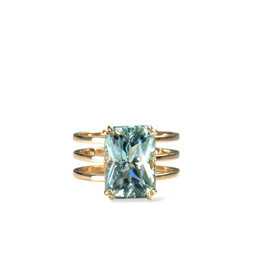 Structural three row aquamarine cocktail ring in 18k gold or platinum by Valentina Fine Jewellery Hong Kong. Global free shipping including USA, UK, Singapore, Taiwan and New Zealand