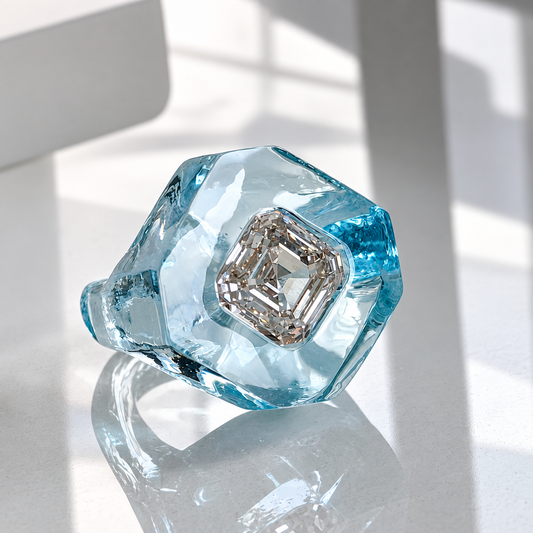 Icy blue lucite and diamond ring hand carved by Valentina Fine Jewellery Hong Kong. Global free shipping to USA, Australia, Canada, Singapore, UK, UAE