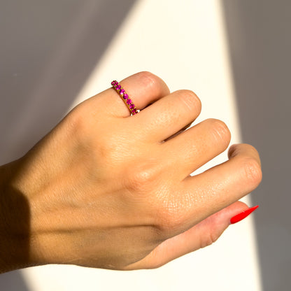 No Heat Burma Ruby eternity ring in 18k yellow and rose gold by Valentina Fine Jewellery Hong Kong. Global free shipping including USA, Australia, Dubai, UK and Singapore.