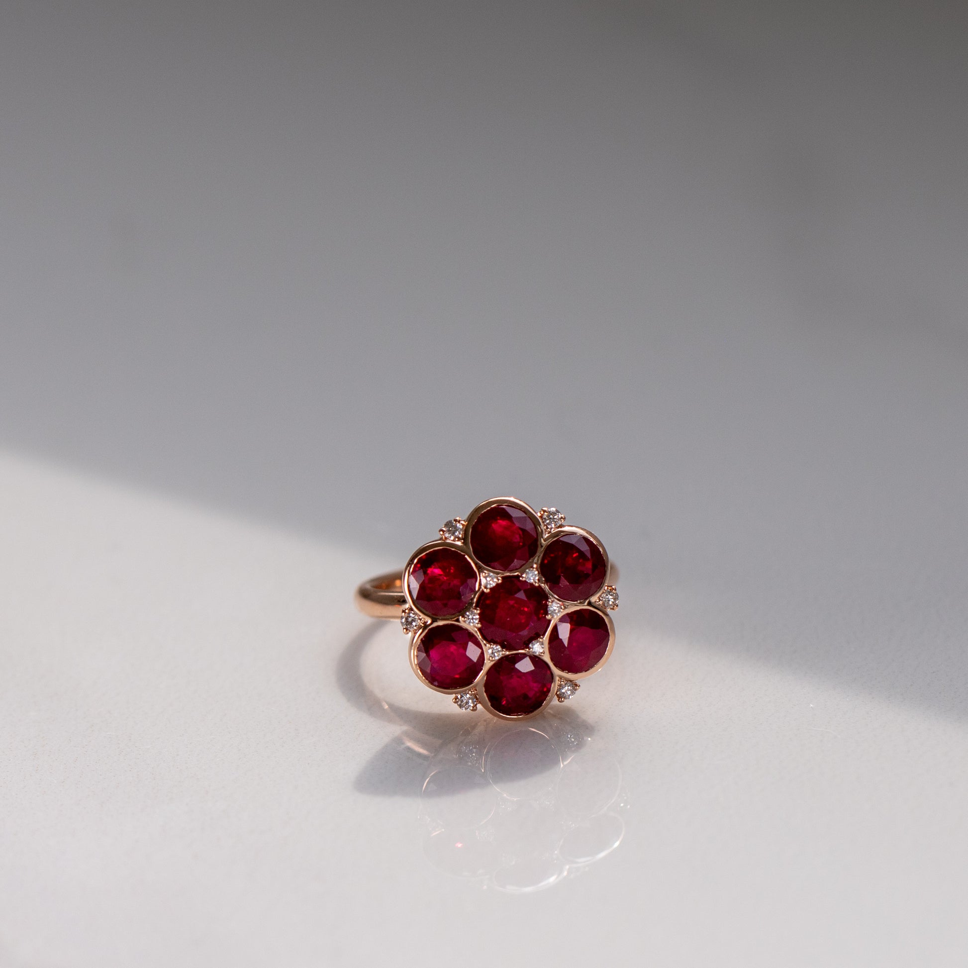 Burma ruby and diamond cluster ring with romantic cutout details in 18k rose gold by Valentina Fine Jewellery Hong Kong. Free shipping to Australia, USA, China and Singapore.