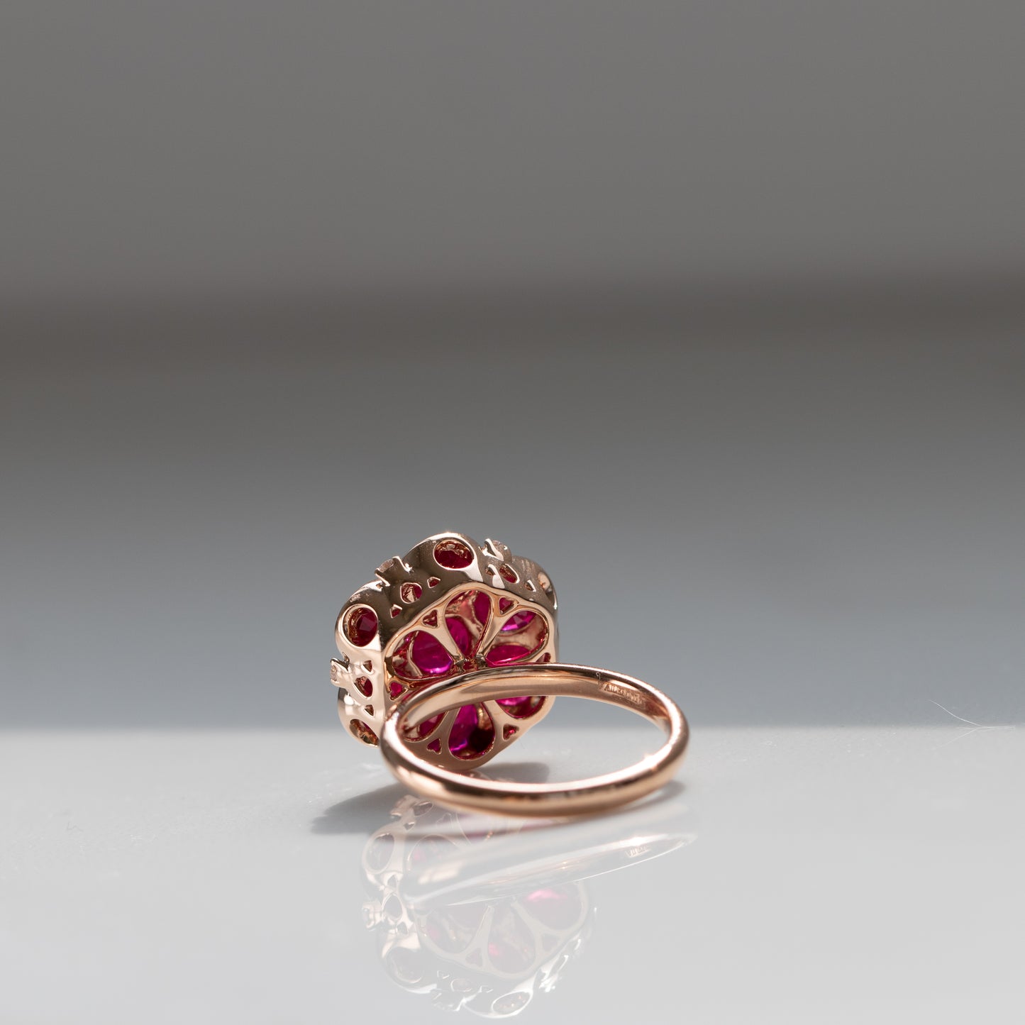Burma ruby and diamond cluster ring with romantic cutout details in 18k rose gold by Valentina Fine Jewellery Hong Kong. Free shipping to Australia, USA, China and Singapore.