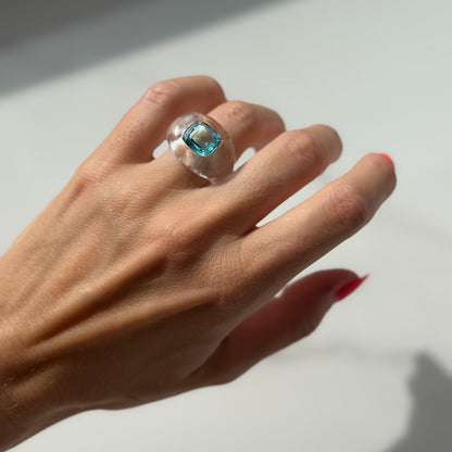 Clear glass like lucite and gemstone ring with a blue stone hand carved by Anastasia at Valentina Fine Jewellery Hong Kong. Global free shipping including USA, Canada, Australia, UK and Singapore