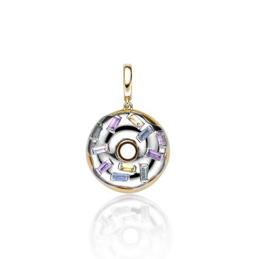 18k gold and platinum donut pendant with no heat rainbow pastel sapphires by Valentina Fine Jewellery Hong Kong, free global delivery including USA. Doughnut or donut, the choice is yours.