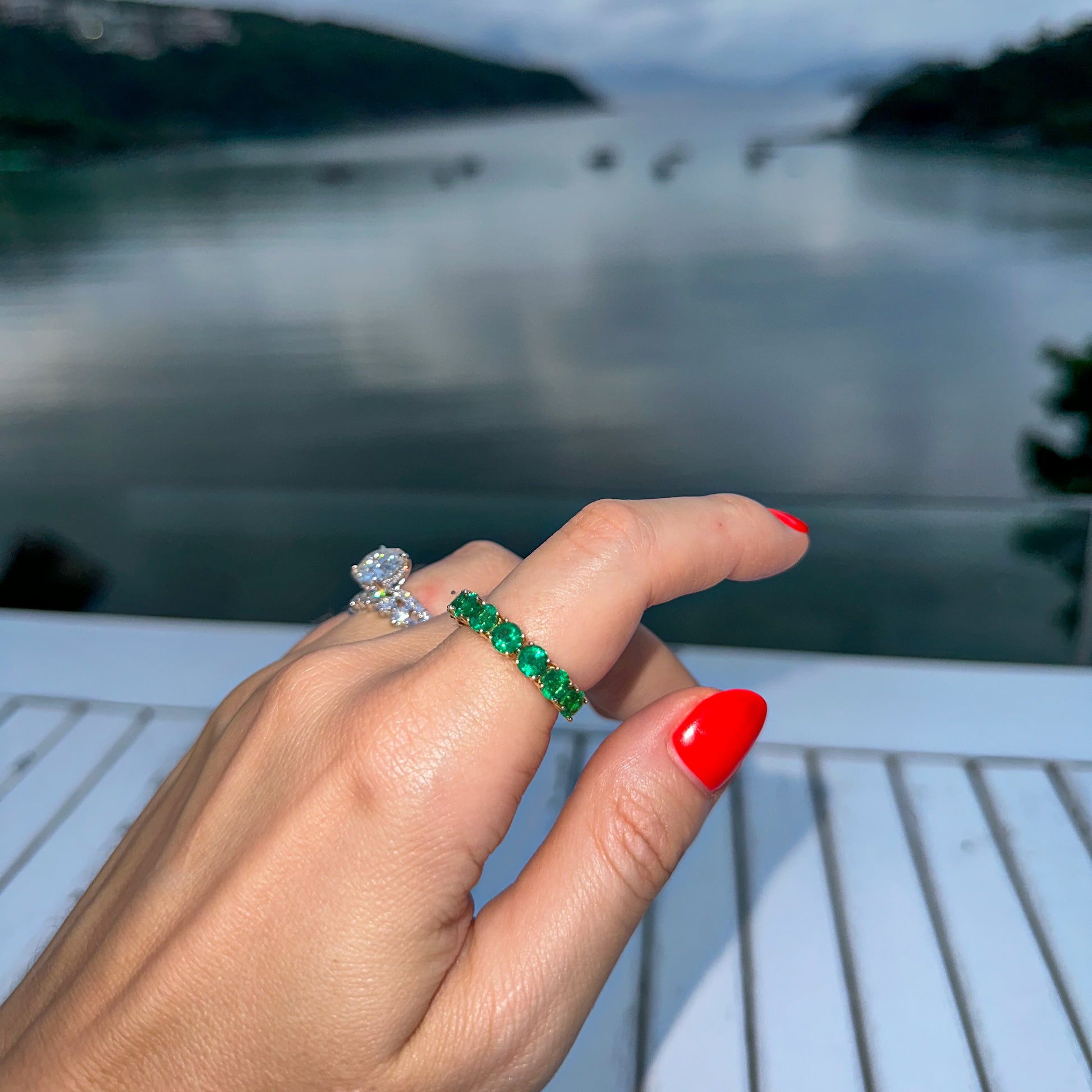3 carat green emerald eternity ring in 18k yellow gold by Valentina Fine Jewellery Hong Kong. Free global delivery.