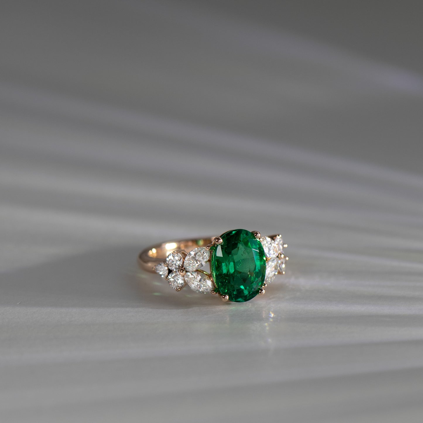 Natural oval green emerald and diamond unique engagement ring made in Hong Kong by Valentina Fine Jewellery. Global free shipping including USA, Singapore, Australia and China