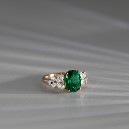 Natural oval green emerald and diamond unique engagement ring made in Hong Kong by Valentina Fine Jewellery. Global free shipping including USA, Singapore, Australia and China