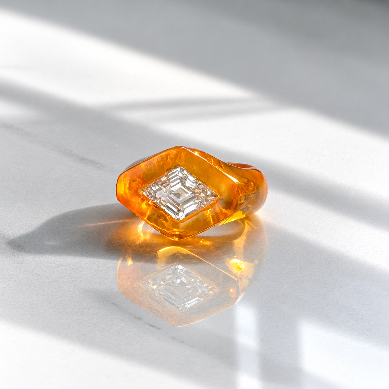 Fanta, Baby: glowing orange lucite and lozenge diamond ring hand carved by Anastasia at Valentina Fine Jewellery Hong Kong. Global free shipping including USA, Canada, Australia, UK and Singapore