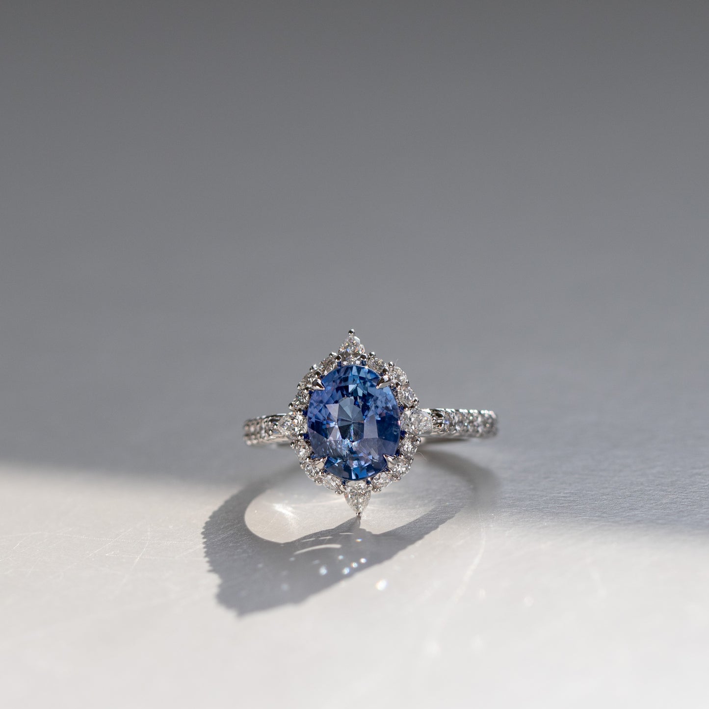 Four-Pointed Halo Sapphire & Diamond Engagement Ring in platinum by Valentina Fine Jewellery Hong Kong. Global free shipping including USA, Australia, Singapore and China