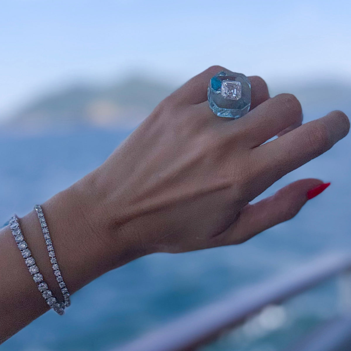 Icy blue lucite and diamond ring hand carved by Valentina Fine Jewellery Hong Kong. Global free shipping to USA, Australia, Canada, Singapore, UK, UAE