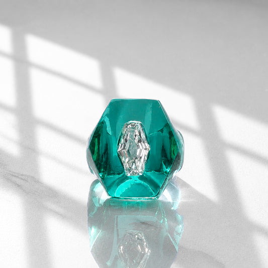 Hard Candy: lagoon green lucite and gemstone ring with a modified lozenge diamond hand carved by Anastasia at Valentina Fine Jewellery Hong Kong. Global free shipping including USA, Canada, Australia, UK and Singapore