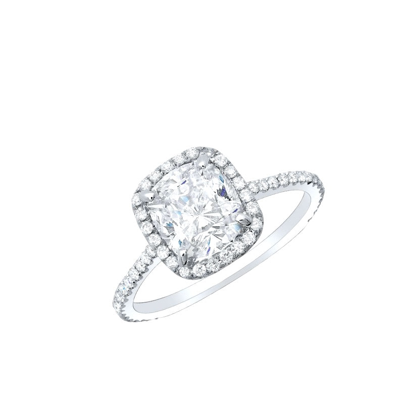 Cushion cut diamond ring with halo