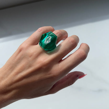 Hard Candy: lagoon green geometric shape lucite and gemstone ring with a modified lozenge diamond hand carved by Anastasia at Valentina Fine Jewellery Hong Kong. Global free shipping including USA, Canada, Australia, UK and Singapore