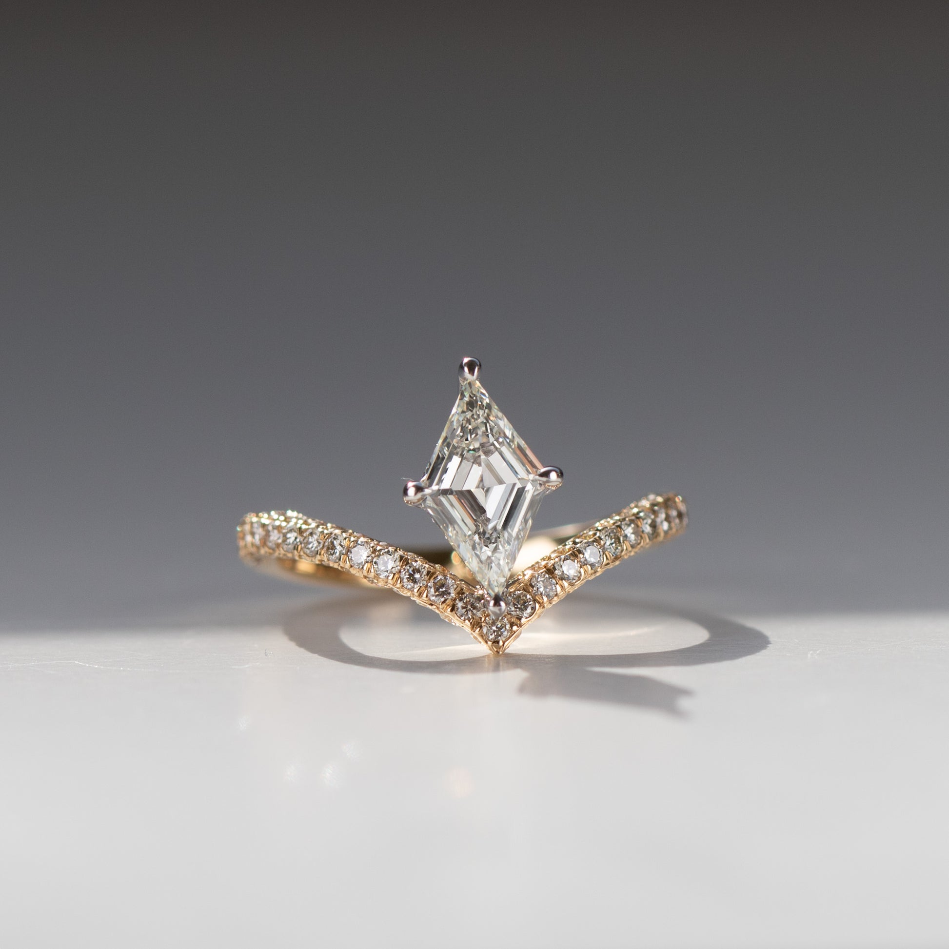 1 carat lozenge natural diamond engagement ring with diamond pave in 18k gold by Valentina Fine Jewellery Hong Kong. Global free shipping including USA, UK, Singapore and Australia 