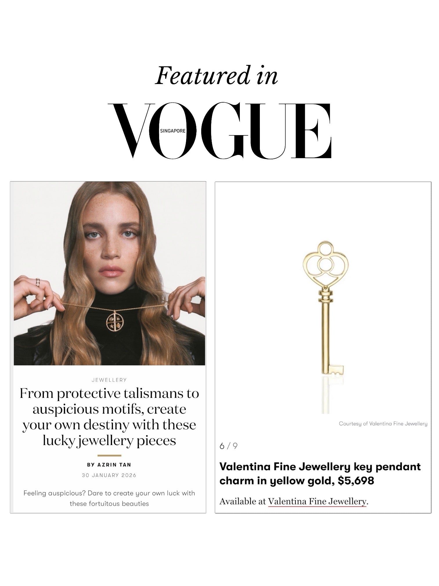 Lucky 2026 year of the fire horse jewellery - Vogue featured large solid 18k gold key pendant by Valentina Fine Jewellery Hong Kong. A talisman to protect your peace and bring you wealth and luck in 2026.